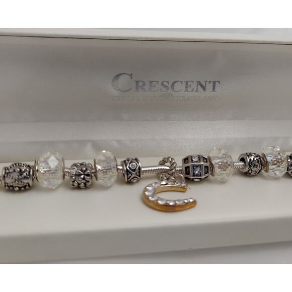 Swarovski Elements Charm Bracelet Horseshoe Silver Tone Beads Crescent Box Lucky - Picture 2 of 11